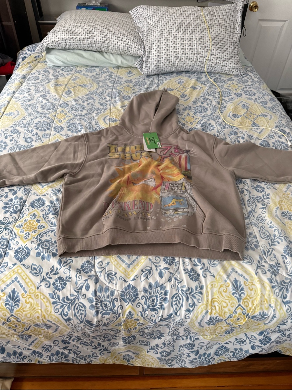 Triple 7 Mens Graphic Hoodie with Vintage-Inspired Print - Taupe